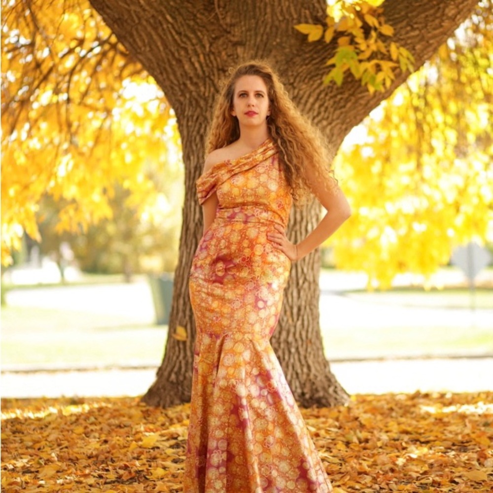 Gold, Orange and Pink One Shoulder mermaid Gown for Wedding Guest size 4